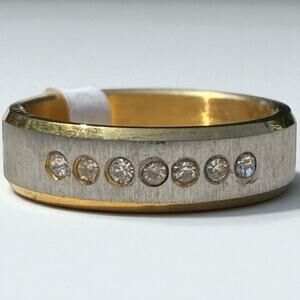 Stainless Steel 2 Tone Crystal Accents Unisex Band Ring